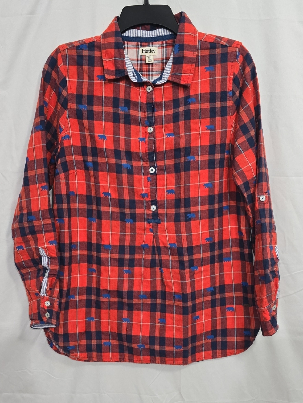 Hatley Women's Small Red/Blue Plaid Quarter Button Long Sleeve Shirt